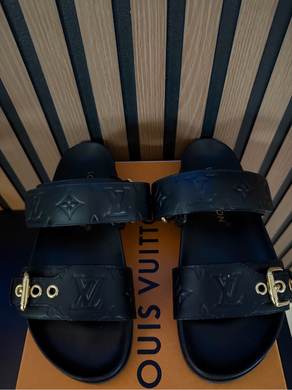 Louis Vuitton Black Embossed Monogram Double-Strap Slide Sandals - Picture 3 of 15